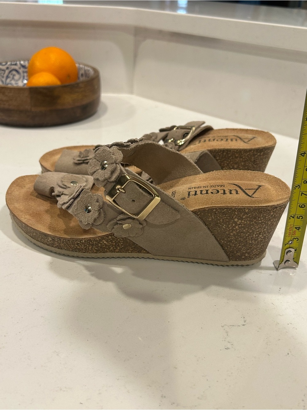Autenti Spain Floral Suede Cork Wedge Sandals Women’s EU 38 Taupe Boho Comfort
